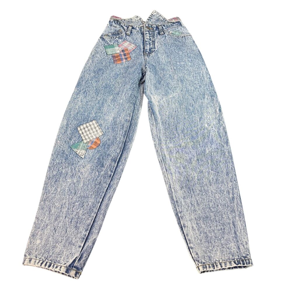 VTG Rio womens high waist stonewash plaid patchwork jeans. Size 7. 1980s, 1990s